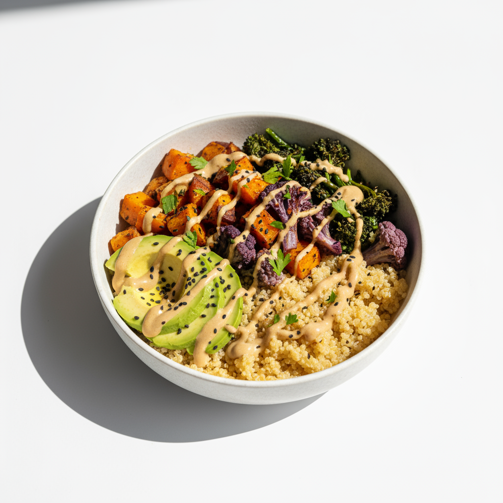 Healthy quinoa bowl with roasted vegetables